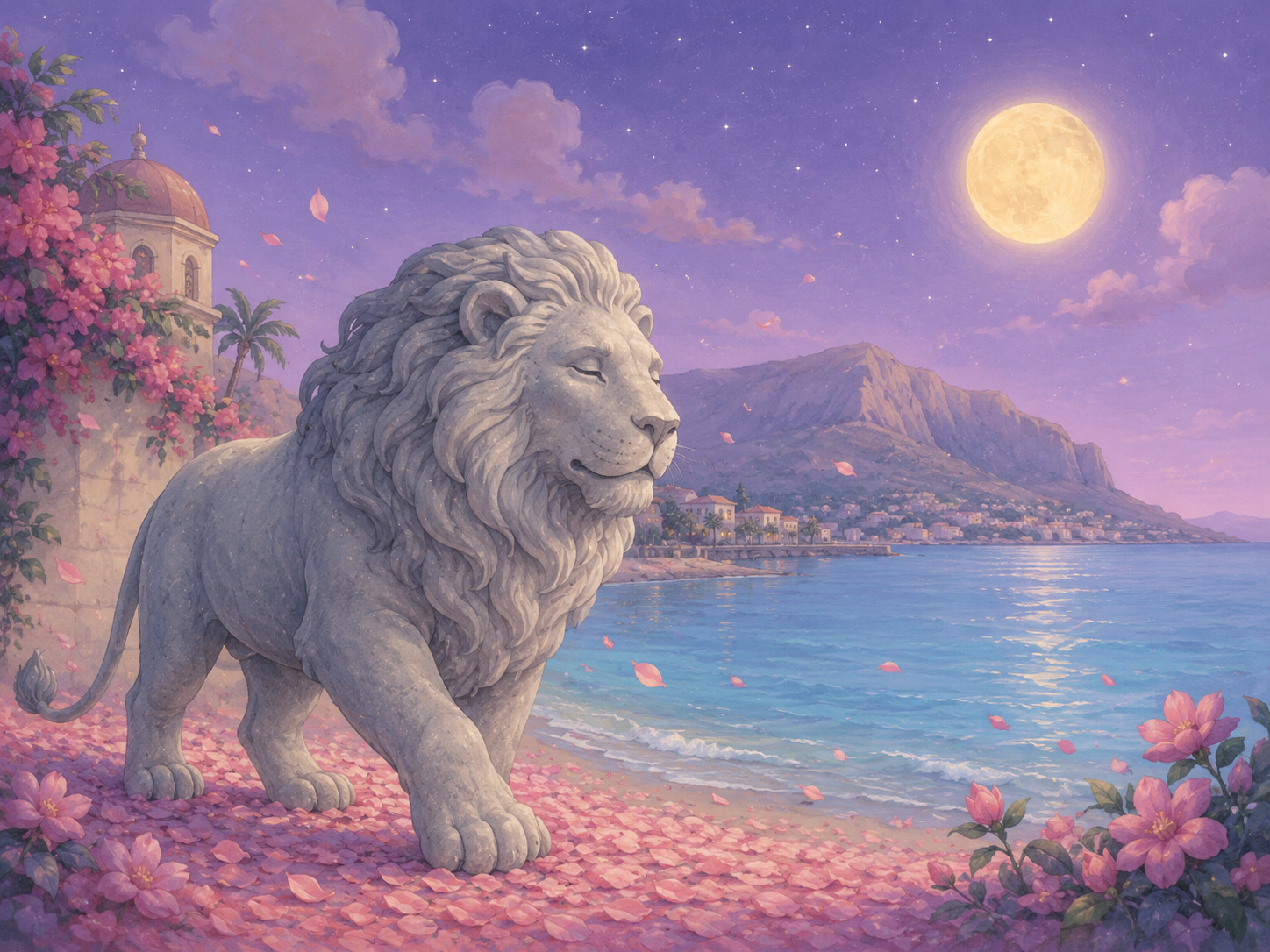 Un maestoso ma dolcissimo leone di pietra color grigio perla cammina sopra un tappeto di petali rosa confetto. Sullo sfondo, il golfo di Mondello è dipinto di un azzurro carta da zucchero calmo e sognante, mentre una luna rotonda color giallo canarino brilla nel cielo lilla della notte.